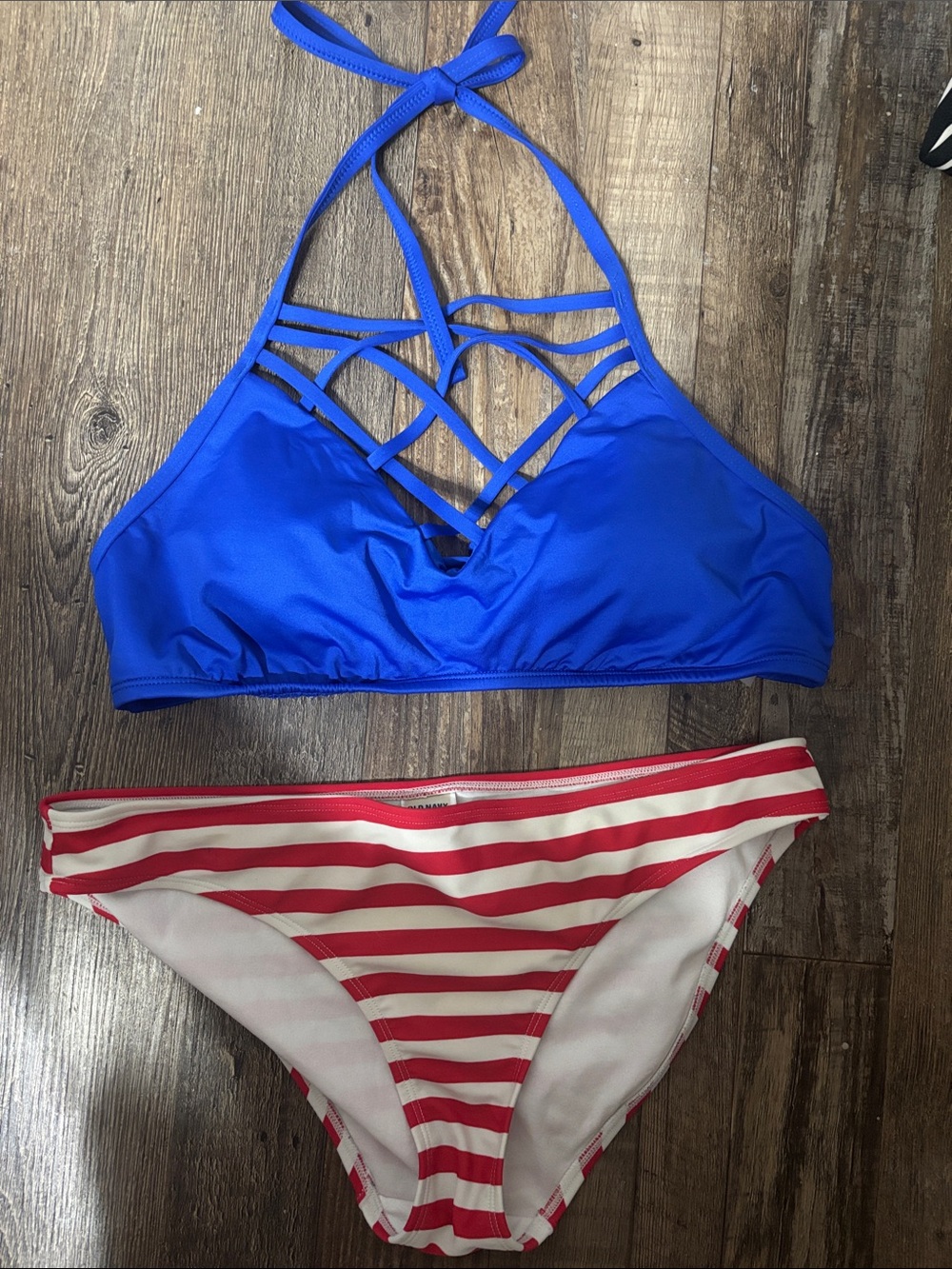 Royal Blue Strappy Halter Bikini Top with Red & White Striped Bottoms